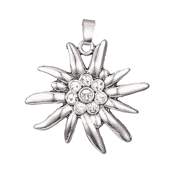 Antique Silver Plated Alloy Pendants, with Rhinestone, Coral Shape, Crystal, 39x41x3mm, Hole: 7x3.5mm