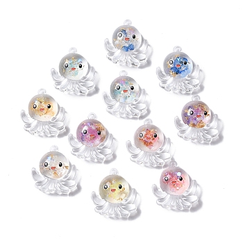 Luminous Transparent Resin Pendants, Gold Foil Octopus Charms with ABS Imitation Pearl Inside, Mixed Color, 26.5x24.5x9mm, Hole: 1.8mm