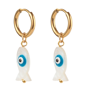 304 Stainless Steel Huggie Hoop Earrings, with Natural Shell Beads, Fish with Evil Eye, Dodger Blue, Golden, 43mm, Pin: 1mm