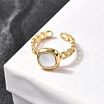 304 Stainless Steel with Shell Open Cuff Rings, Square, Ion Plating(IP), Real 18K Gold Plated, 10x10mm, Inner Diameter: Adjustable(RJEW-K248-21G)