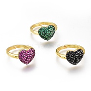 Brass Micro Pave Cubic Zirconia Heart Cuff Rings, Open Rings, Long-Lasting Plated, Golden, Mixed Color, US Size 7 1/4(17.5mm)(RJEW-N031-15)