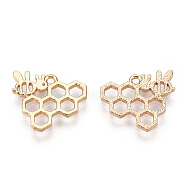 Brass Charms, Nickel Free, Real 18K Gold Plated, Bee Honeycomb, 11x13x1mm, Hole: 1mm(KK-Q735-252G)