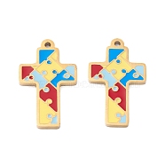 Vacuum Plating 304 Stainless Steel Enamel Pendants, Manual Polishing, Cross with Puzzle Pattern, Real 18K Gold Plated, 25x15x1mm, Hole: 1.4mm(STAS-P295-09G)