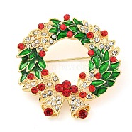 Christmas Theme Golden Zinc Alloy with Rhinestone Brooches, Enamel Pins, Christmas Wreath, 45x42.5x5.5mm(JEWB-B018-01G-02)