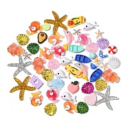 Ocean Theme Opaque Resin Cabochons, With Glitter Powder, Fish & Starfish & Mermaid & Swimming Ring & Shell & Octopus, Mixed Shapes, Mixed Color, 12~41x12~37x3.5~9.5mm(CRES-CJC0004-15)