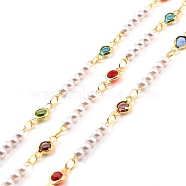 Handmade Brass Glass Flat Round Link Chains, with Acrylic Imitation Pearl, Soldered, with Spool, Long-Lasting Plated, Golden, Colorful, Link: 17x3mm, 10x4mm(CHC-M022-01G)