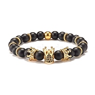 Round Synthetic Black Stone Beaded Stretch Bracelet with Crown for Women, Golden, Inner Diameter: 2-1/4 inch(5.6cm)(BJEW-JB07530-03)
