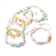 Adjustable Braided Bead Bracelets, with Natural Cowrie Shell Beads, Rondelle Glass Beads and Waxed Polyester Cord, Mixed Color, Inner Diameter: 2-1/4 inch~3-3/4 inch(5.6~9.6cm)(BJEW-JB05309-M)
