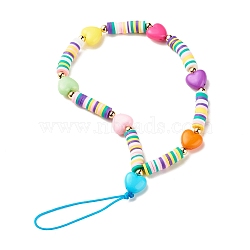 Acrylic Mobile Phone Straps, with Polymer Clay Beads and Nylon Thread, Heart, Colorful, 18.5cm(HJEW-JM00674)