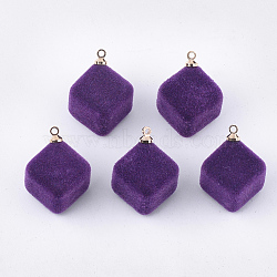 Flocky Acrylic Pendants, with Brass Findings, Cube, Golden, Dark Violet, 24x17.5x17mm, Hole: 1.6mm(FIND-T046-30-10)