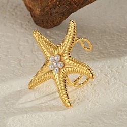 Starfish 304 Stainless Steel Cuff Rings for Women, with ABS Imitation Pearl Beads, Real 18K Gold Plated, Starfish: 39.5x39.5mm(RJEW-P125-03G)