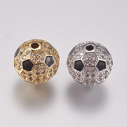 Brass Micro Pave Cubic Zirconia Beads, with Enamel, Round, Black & Clear, Mixed Color, 9.5mm, Hole: 1mm(ZIRC-E147-04B)