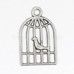 Tibetan Style Alloy Pendants, Cadmium Free & Lead Free, Bird in Cage, Antique Silver, 19x12x1mm, Hole: 1.5mm(TIBEP-22647-AS-RS)