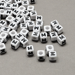 Large Hole Acrylic Letter European Beads, Horizontal Hole, White & Black, Cube with Letter.M, 6x6x6mm, Hole: 4mm(X-SACR-Q103-6mm-01M)