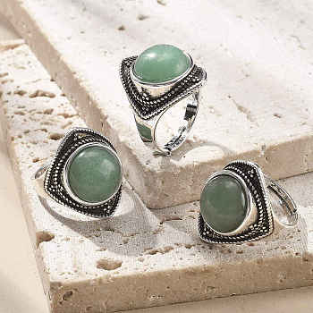 Natural Green Aventurine Adjustable Rings, Antique Silver Tone Brass Finger Rings, Rhombus, 22mm, Inner Diameter: 18mm