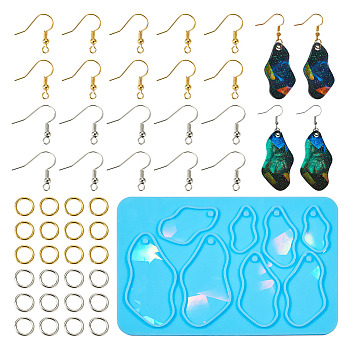 1Pc Irregular Geometric Pendant Silicone Mold, with 30Pcs Iron Open Jump Rings, 40Pcs Brass Earring Hooks, for DIY Earring Makings, Sky Blue, 140x88x5mm, Hole: 3mm, Inner Diameter: 28~58x13~26mm