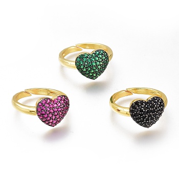 Brass Micro Pave Cubic Zirconia Heart Cuff Rings, Open Rings, Long-Lasting Plated, Golden, Mixed Color, US Size 7 1/4(17.5mm)