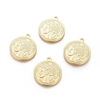Brass Pendants, Long-Lasting Plated, Flat Round with Human, Real 18K Gold Plated, 28.5x25x1.5mm, Hole: 1.8mm