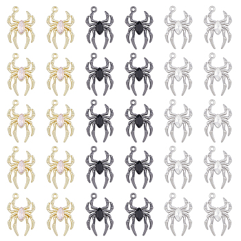 30Pcs 3 Colors Glass Spider Pendant, with Alloy Findings, Lead Free & Cadmium Free, Mixed Color, 25.5x17x4.5mm, Hole: 1.6mm, 10Pcs/color
