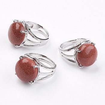 Adjustable Synthetic Goldstone Finger Rings, with Brass Findings, US Size 7 1/4(17.5mm)