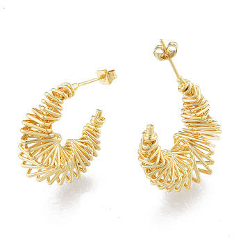 Brass Twist Crescent Moon Stud Earrings, Wire Wrap Half Hoop Earrings for Women, Nickel Free, Real 18K Gold Plated, 30x25mm, Pin: 0.7mm