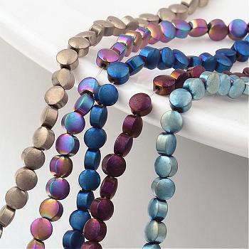Electroplate Non-magnetic Synthetic Hematite Bead Strands, Frosted, Flat Round, Mixed Color, 4x3mm, Hole: 1mm, about 100pcs/strand, 15.7 inch