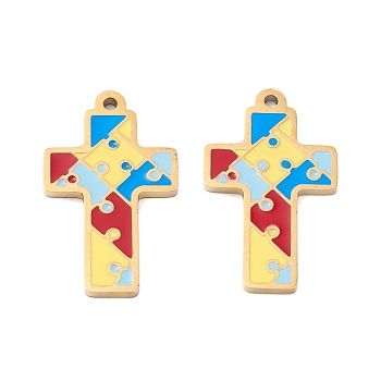Vacuum Plating 304 Stainless Steel Enamel Pendants, Manual Polishing, Cross with Puzzle Pattern, Real 18K Gold Plated, 25x15x1mm, Hole: 1.4mm
