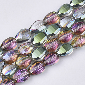 Translucent Electroplate Glass Beads Strands, Half Plated, Faceted, Teardrop, Lime Green, 8.5x6x3.5mm, Hole: 1mm, about 80pcs/Strand, 26.38 inch(67cm)