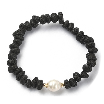Natural Lava Rock & Pearl & Brass Beaded Stretch Bracelets, Real 14K Gold Plated, Inner Diameter: 1-7/8 inch(4.8cm)