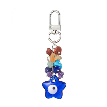 Blue Evil Eye Lampwork Pendant Decooration, 7 Chakra Natural & Synthetic Gemstone Chip Beads & Swivel Clasps Charms for Bag Ornaments, Star, 86mm