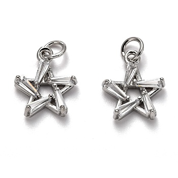 Brass Micro Pave Cubic Zirconia Charms, with Jump Rings, Long-Lasting Plated, Star, Platinum, 14x12x3mm, Hole: 3mm