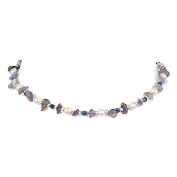 Natural Amethyst & Lapis Lazuli Chips & Shell Pearl Beaded Necklace for Women, 15.94 inch(40.5cm)