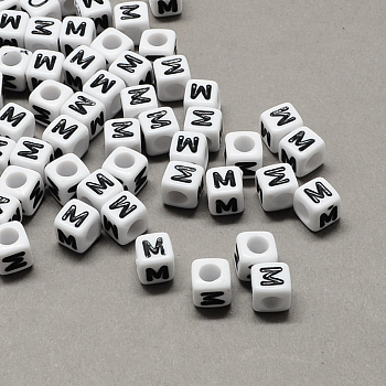 Large Hole Acrylic Letter European Beads, Horizontal Hole, White & Black, Cube with Letter.M, 6x6x6mm, Hole: 4mm