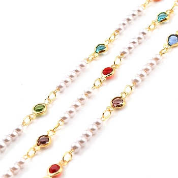 Handmade Brass Glass Flat Round Link Chains, with Acrylic Imitation Pearl, Soldered, with Spool, Long-Lasting Plated, Golden, Colorful, Link: 17x3mm, 10x4mm