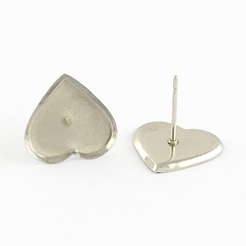 Earring Cabochon Settings 304 Stainless Steel Ear Studs Blank Settings, Stainless Steel Color, Heart Tray: 8x9mm, 9x8x1.5mm, Pin: 0.8mm