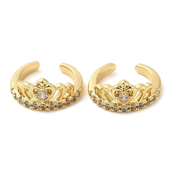 Rack Plating Brass Micro Pave Cubic Zirconia Heart Crown Cuff Earrings, Non Piercing Earrings, Cadmium Free & Lead Free, Real 18K Gold Plated, 14x13x7mm