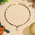 Christmas Alloy Enamel Pendant Colorful Glass Seed Beaded Necklaces, Golden, Deer, 14.57 inch(37cm), pendant: 24x17mm(FS-WG695D6-09)
