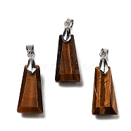 Natural Tiger Eye Faceted Pendants, Trapezoid Charms with Rack Plating Brass Snap on Bails, Platinum, 34x13x11mm, Hole: 5x3.5mm(G-F774-02E)