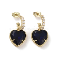 Cubic Zirconia Heart Dangle Stud Earrings, Real 16K Gold Plated Brass Half Hoop Earrings, Dark Blue, 27.5x13.5mm(EJEW-H308-09G-01)