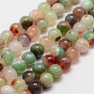 Natural Striped Agate/Banded Agate Bead Strands, Round, Grade A, Dyed, Green, 8mm, Hole: 1mm, about 47~48pcs/strand, 14.5 inch(G-K155-B-8mm-03)