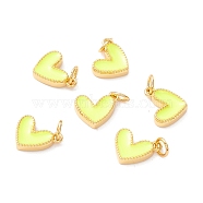 Rack Plating Brass Enamel Charms, with Jump Ring, Cadmium Free & Nickel Free & Lead Free, Real 18K Gold Long-Lasting Plated, Heart, Yellow, 9x7x2mm, Hole: 2.5mm(KK-D073-27G-06)