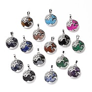 Natural & Synthetic Gemstone Pendants, with Platinum Tone Brass Findings, Mixed Dyed and Undyed, Flat Round with Sea Turtles, 27~27.5x23~23.5x8mm, Hole: 8x5mm(G-I321-01P)