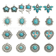 18Pcs 9 Style Tibetan Style Alloy Pendants, with Synthetic Turquoise and Resin Beads, Mixed Shapes, Antique Silver, 26~34.5x19~33x5~8mm, Hole: 1.6~3mm, 2pcs/style(FIND-TA0003-76)