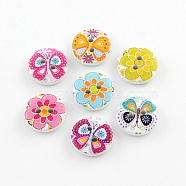 2-Hole Flower Pattern Printed Wooden Buttons, Flat Round, Mixed Color, 15x4mm, Hole: 2mm(X-BUTT-R033-021)