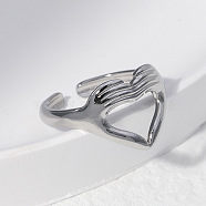 Titanium Steel Heart Hands Open Cuff Ring for Women, Stainless Steel Color, US Size 7(17.3mm)(HEAR-PW0001-090P-7)