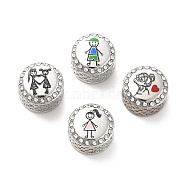 304 Stainless Steel European Beads, with Enamel & Rhinestone, Large Hole Beads, Flat Round with Human, Stainless Steel Color, 12x8mm, Hole: 4mm(STAS-D180-16P)