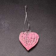 Brushed Style Heart Glass Pendant, with Polyester Metallic Cord, Pink, 130mm(GLAA-WH0031-07C)