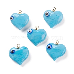 Handmade Evil Eye Lampwork Pendants, with Light Gold Tone Brass Findings, Long-Lasting Plated, Lead Free & Cadmium Free, Heart Charm, Sky Blue, 19x17.5~18.5x8.5~9mm, Hole: 1.4mm(LAMP-M015-03D)