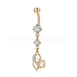 Piercing Jewelry, Brass Cubic Zirciona Navel Ring, Belly Rings, with 304 Stainless Steel Bar, Lead Free & Cadmium Free, Teardrop and Flower, Clear, 48.5mm, Pendant: 26.5x11mm, Bar: 14 Gauge(1.6mm), Bar Length: 3/8"(10mm)(AJEW-EE0006-61A-G)