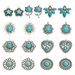 18Pcs 9 Style Tibetan Style Alloy Pendants, with Synthetic Turquoise and Resin Beads, Mixed Shapes, Antique Silver, 26~34.5x19~33x5~8mm, Hole: 1.6~3mm, 2pcs/style(FIND-TA0003-76)
